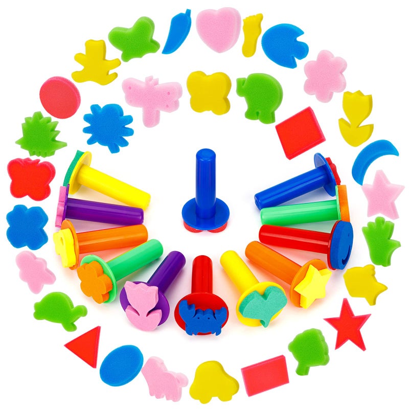 TORINALITAL 42Pcs Toddlers Kids Paint Sponges Including 30 Craft Sponge Shapes 12 EVA Sponge Stamper, Early Learning Finger Paint Sponge Brushes Foam Art Drawing Tools - Image 1